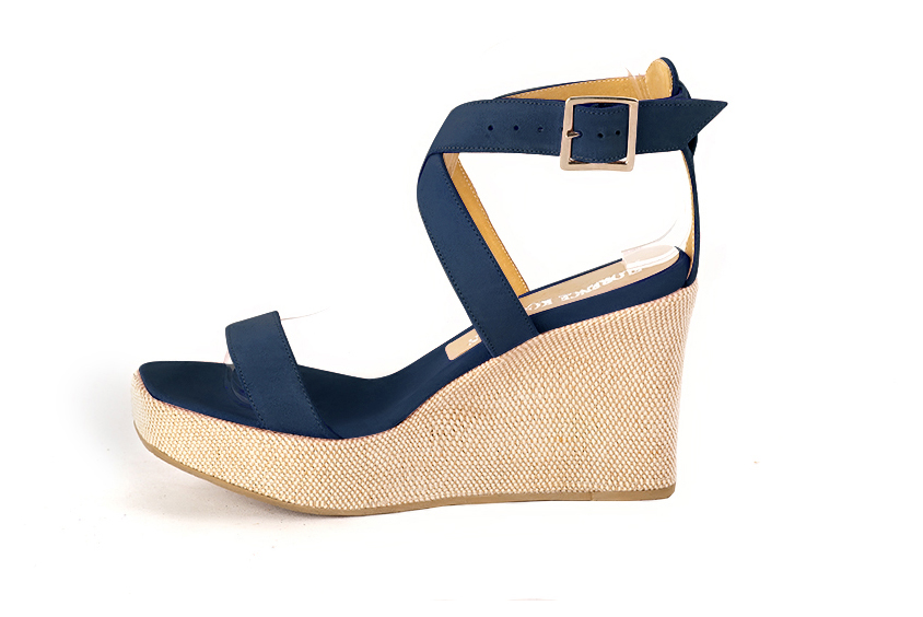 Dress sandals fully open cross straps in navy blue leather with  and  - Profile view